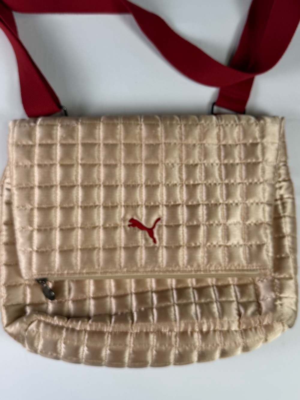 Vintage Puma Quilted Crossbody Bag in Champagne with Red Strap- Classic Puma